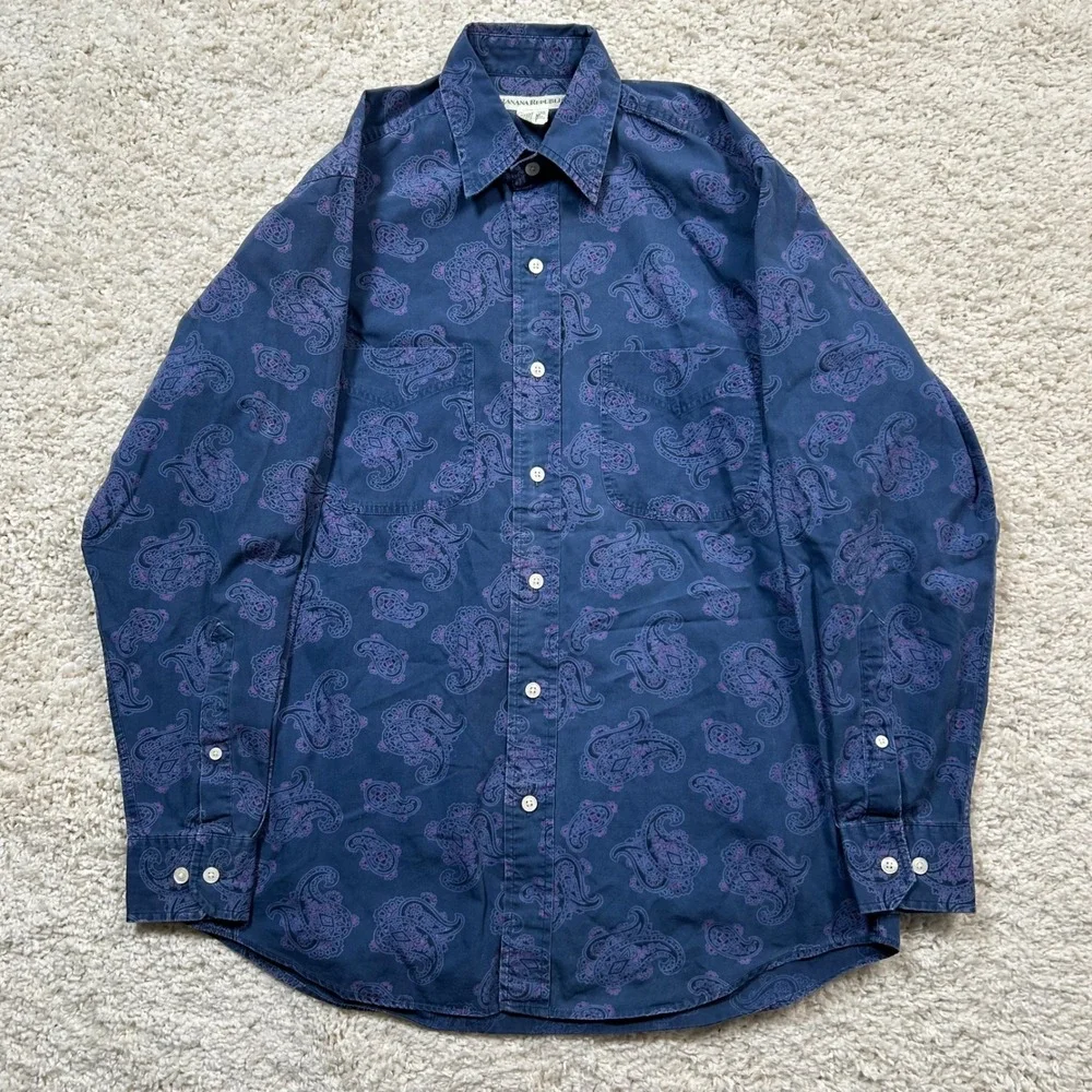Vintage Banana Republic Paisley Button Down Shirt XS Blue Long Sleeve Cotton 80s